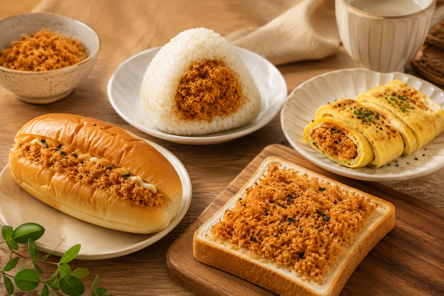 Assortment of pork floss breakfast items